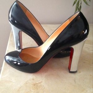 Auth Louboutin Black Patent Silver Heel Pump 39/9